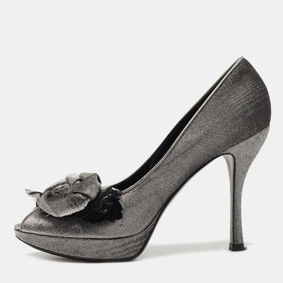 Louis Vuitton Metallic Grey/black Lurex Fabric Floral Peep Toe Pumps Size 38